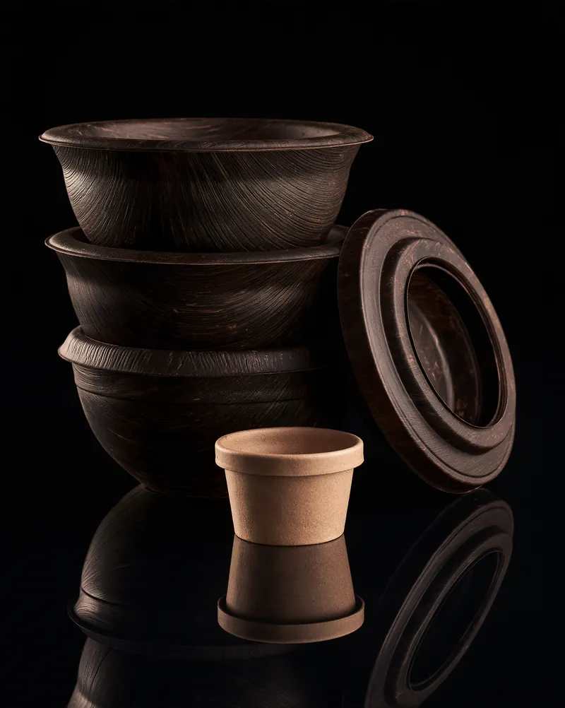 Three BC Bowls molded fiber bowls nested in a stack with a matching fiber lid.