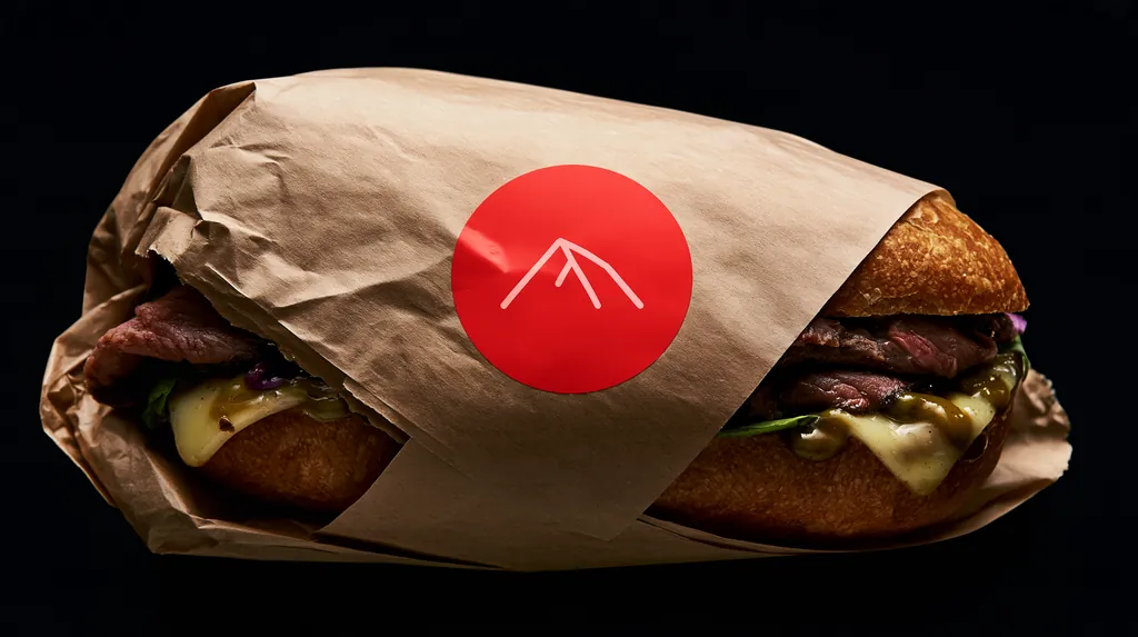 A large crusty roast beef sandwich with melted cheese and greens, wrapped in natural kraft paper and sealed with a red circular sticker, on a black studio background.