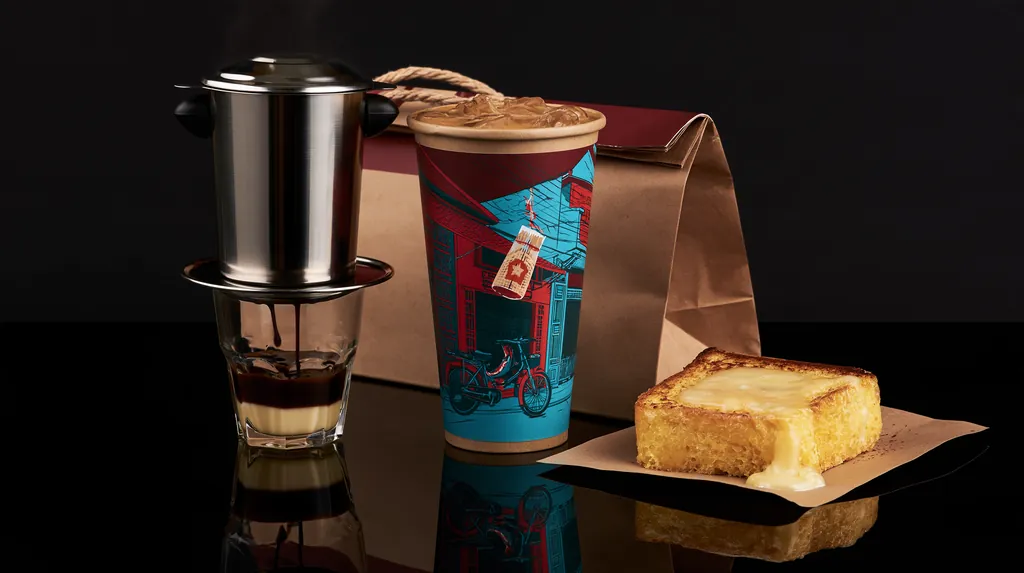 Vietnamese iced coffee in a kraft compostable cup with a natural kraft carrier on a black studio background.