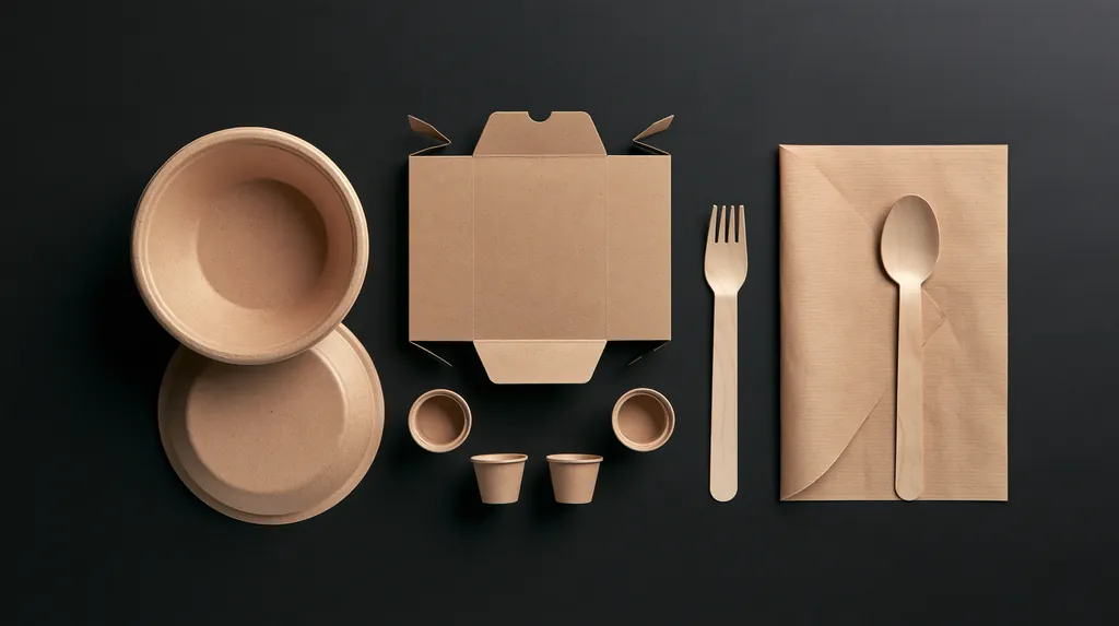 Unprinted packaging components laid out in a grid: a molded fiber bowl and lid, a flat kraft box blank, kraft paper, small fiber topping cups and wooden utensils.